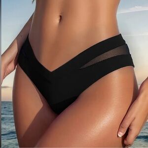 High-Waist, V Front Stretchy Black Bikini Bottoms Sleek Solid Color with Mesh